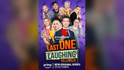 Official Prime Video poster for Last One Laughing: Halloween, with host Jimmy Carr holding a red card in front of the cast