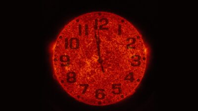 The Sun imaged by NASA's Solar Dynamics Observatory with a clock face just before midnight, made for the last leap second — Image: NASA Goddard Space Flight Center