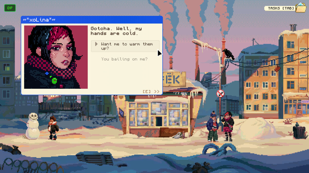 A pixel-art snowy street with a kiosk and a dialogue window in Lenin Street Geek Shop