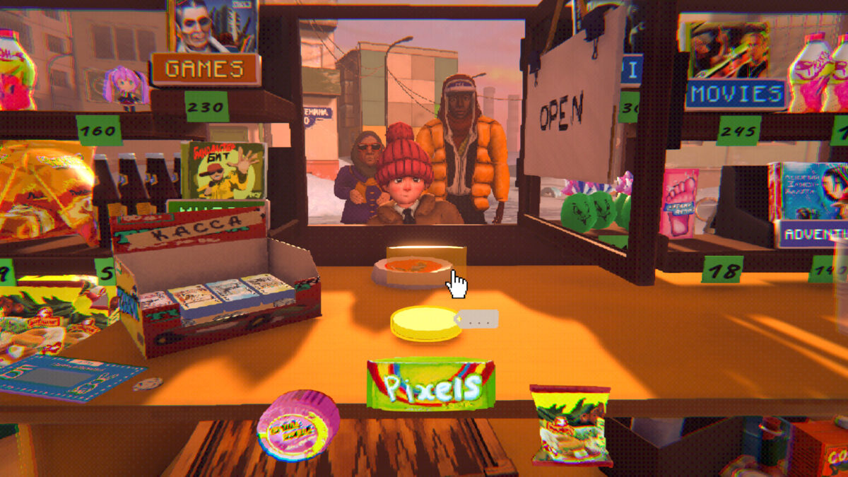 Young customers wait at the shop counter piled with gum, snacks and CDs in Lenin Street Geek Shop