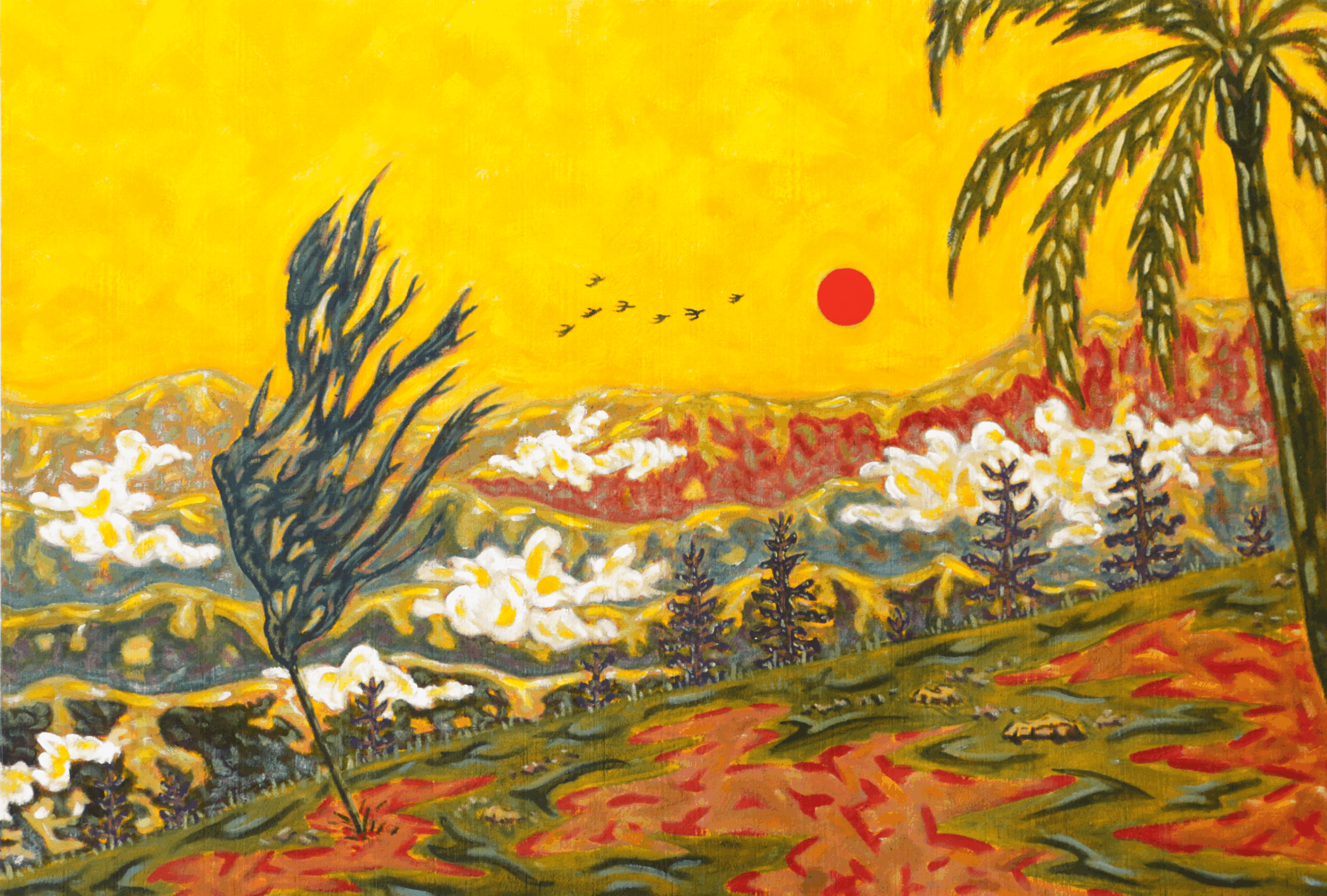 Lewis Lee painting Golden Hour, a yellow sky over a wind-bent tree, palm and rolling hills