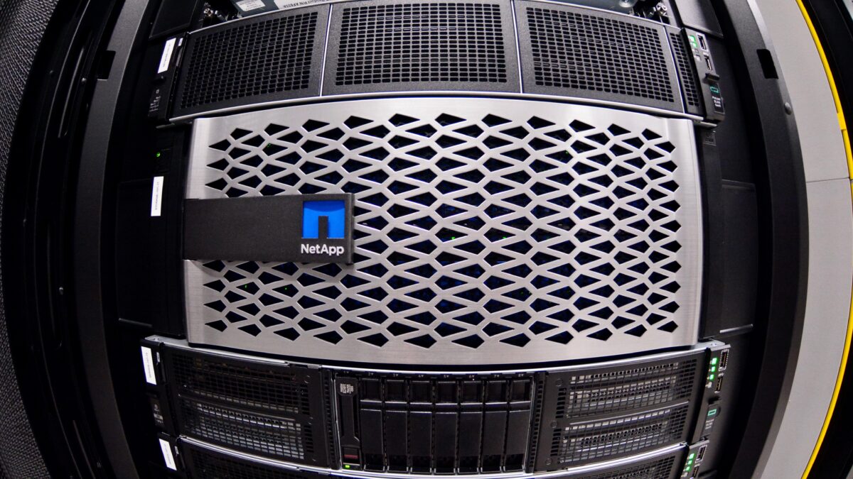 Fisheye view of a server rack in the Datarmor high-performance computing and AI centre in Brest