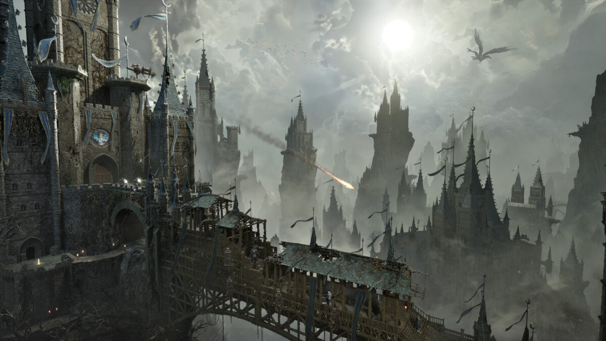 A fortified bridge leads toward a misty skyline of gothic spires in Lords of the Fallen II