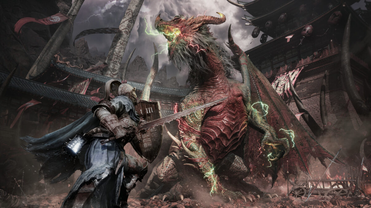 A knight with sword and lantern faces a red dragon in Lords of the Fallen II
