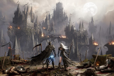 Two armoured heroes overlook a burning gothic citadel under a full moon in Lords of the Fallen II