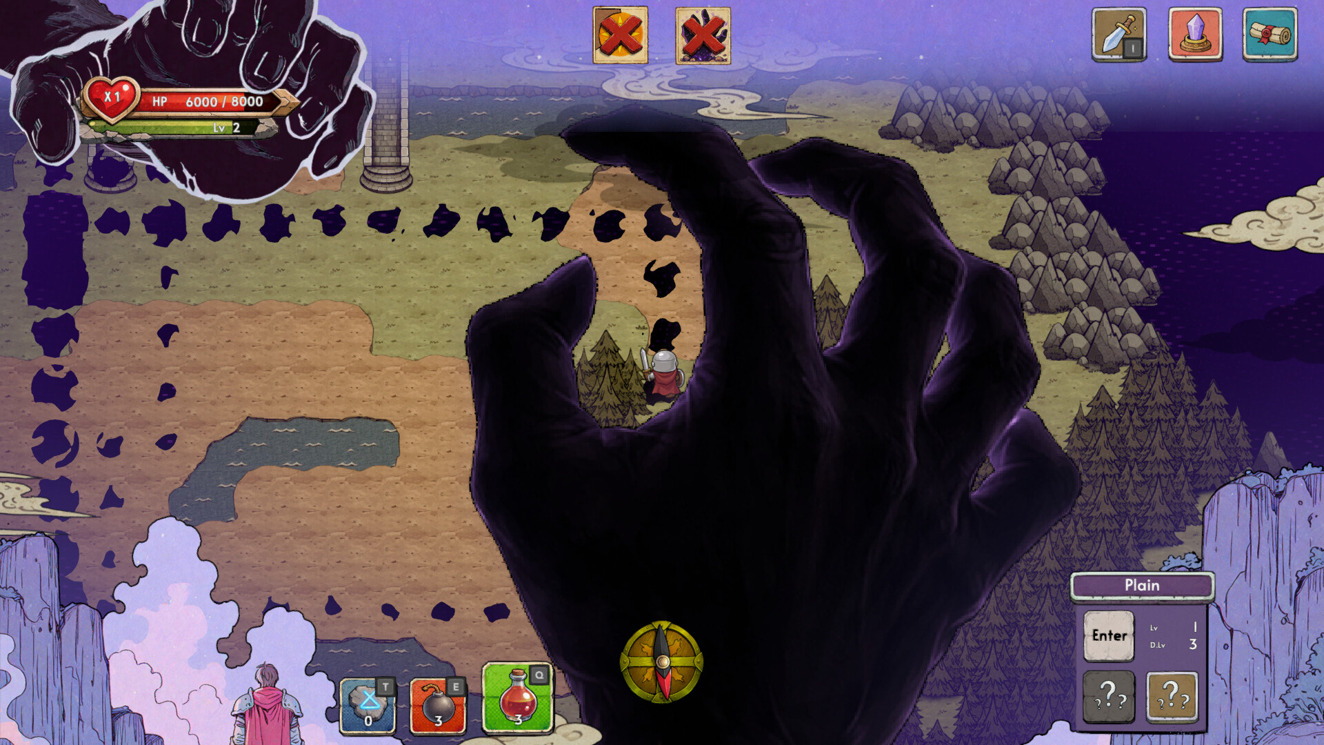 Lostbound screenshot: The Hand reaches over the world map as the path behind the knight crumbles