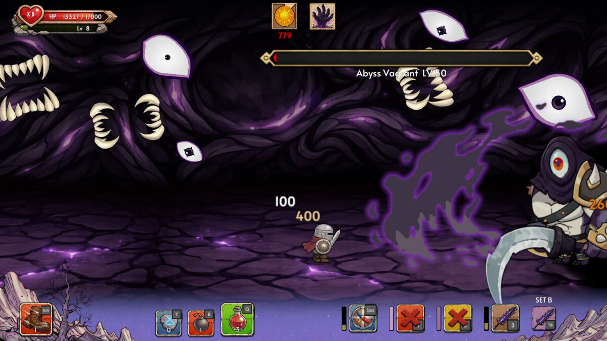 Lostbound screenshot: a knight faces an Abyss boss in a purple void