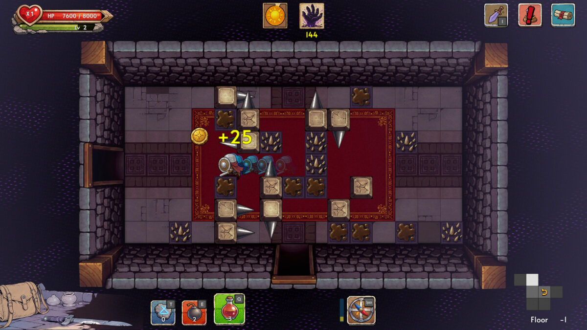 Lostbound screenshot: a dungeon floor of traps, crates and spikes