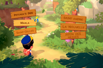 The mail carrier at a trail signpost pointing to Marla, La Nouvelle and Piton des Neiges in MAFATE
