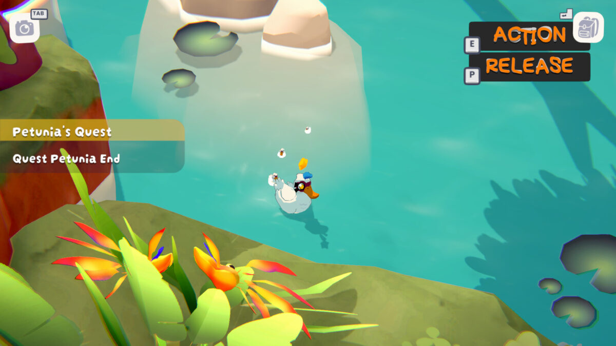 Luna possessing a duck swimming across a pond in MAFATE
