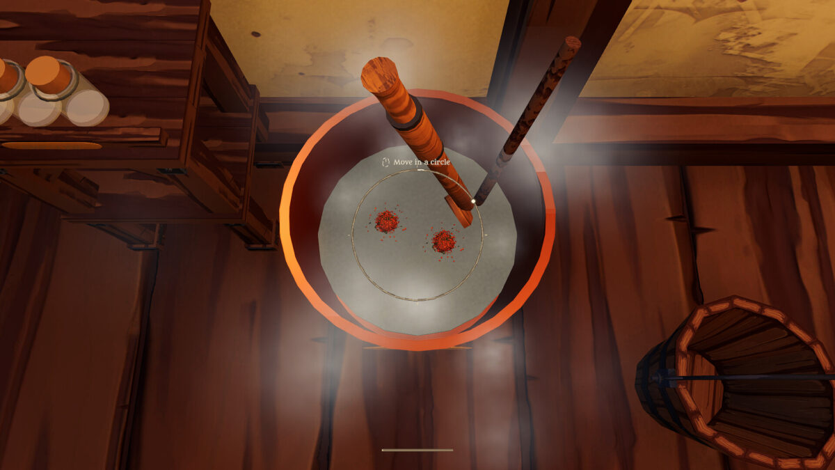 First-person view of a steaming cauldron being stirred with a wooden ladle in Magic Merchant Simulator
