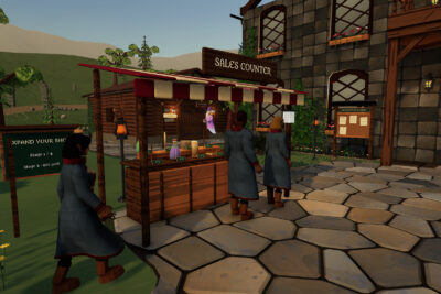 Robed academy students browse potions and candles at an outdoor sales counter in Magic Merchant Simulator