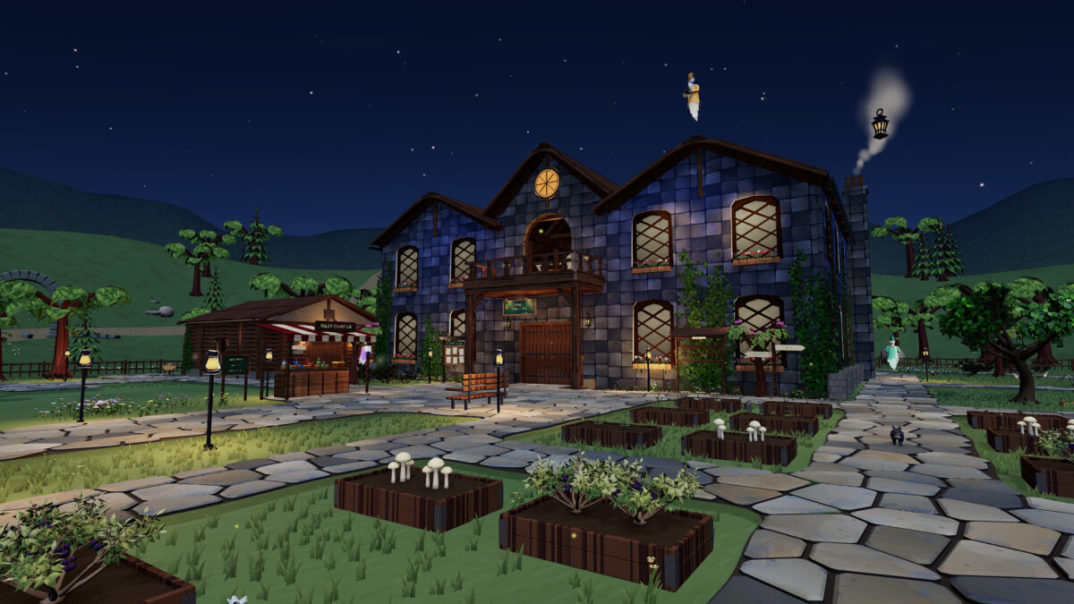 A stone magic shop lit at night above raised garden beds of mushrooms and herbs in Magic Merchant Simulator