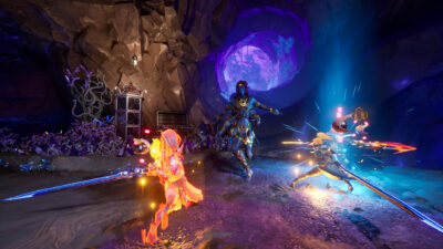 Rival Operators clash with blades inside a glowing cavern in Marked for Mayhem