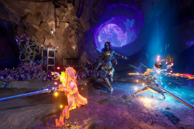 Rival Operators clash with blades inside a glowing cavern in Marked for Mayhem