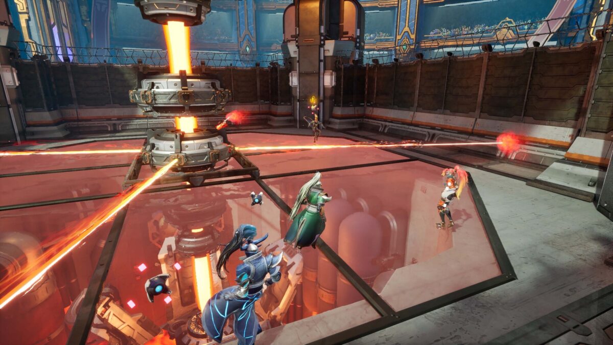 Four Operators dodge laser beams during an arena challenge in Marked for Mayhem