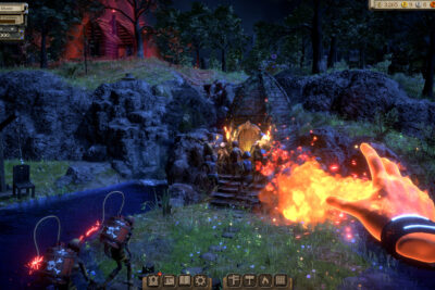The God Hand of Masters of Albion hurls fire at creatures storming a stone tower during a night fight