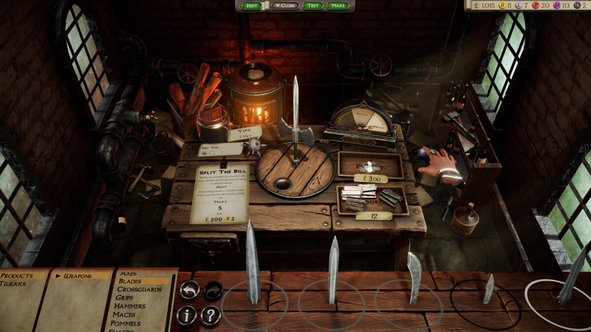 A blacksmith workbench in Masters of Albion where the player assembles a sword for a customer order