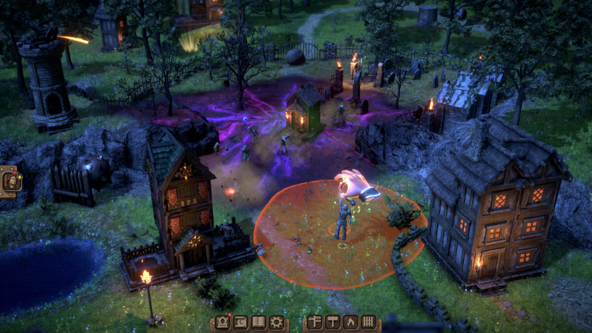 Purple Orkenstone corruption spreads through a night-time village while the God Hand lifts a villager
