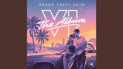 Cover artwork of Grand Theft Auto VI: The Album, two characters leaning on a car against a Vice City sunset skyline