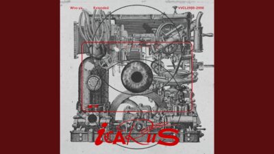 ICARUS single cover by Who-ya Extended: an engraved machine drawing with a human eye at its centre and the title in red script