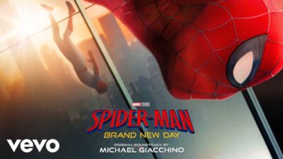Official artwork for Michael Giacchino’s Spider-Man: Brand New Day soundtrack, showing Spider-Man’s masked face reflected in a skyscraper window