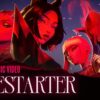 K/DA's four animated members, Ahri, Akali, Evelynn and Kai'Sa, in the official FIRESTARTER music video thumbnail