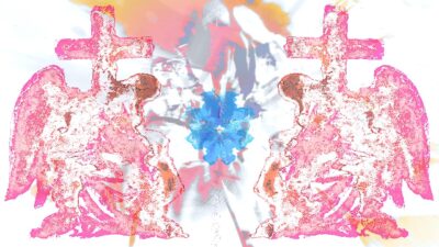 Artwork from the Una bara per due video showing two pink angel statues with crosses around a blue ink blot