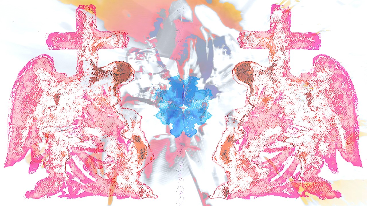 Artwork from the Una bara per due video showing two pink angel statues with crosses around a blue ink blot