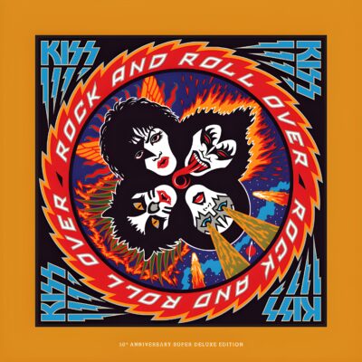 50th anniversary super deluxe cover art for KISS Rock and Roll Over, with the four band members' painted faces in a circle