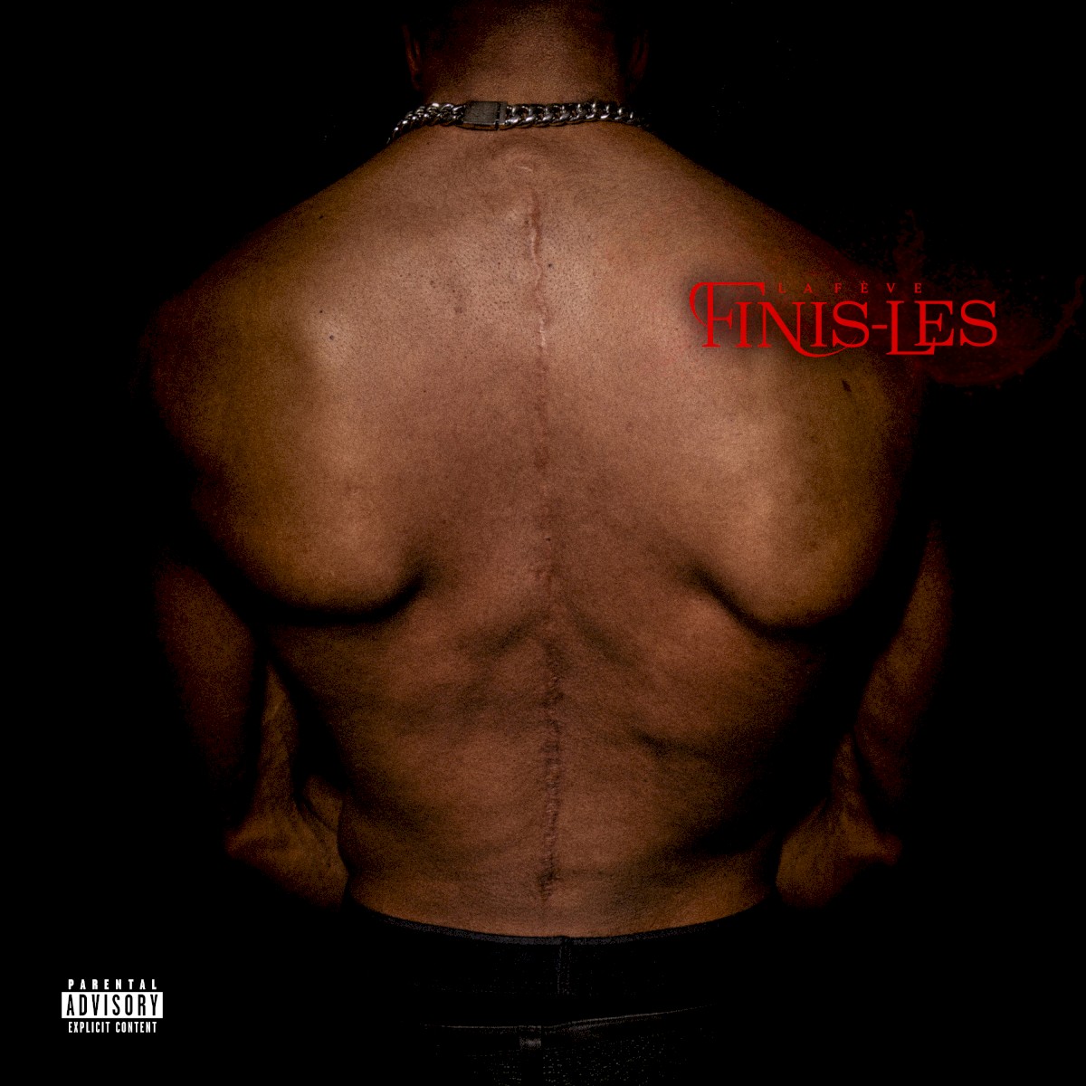 FINIS-LES album cover by La Fève: a bare back with a long scar down the spine and a silver chain, red title lettering