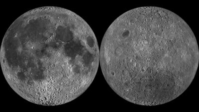 The Moon's near side with dark volcanic plains beside its heavily cratered far side, NASA LRO mosaics