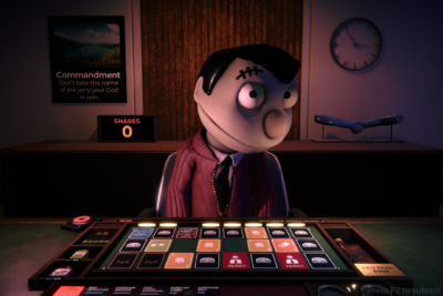 Mr. Magpie, a stitched puppet in a red cardigan, presides over the card table in his office