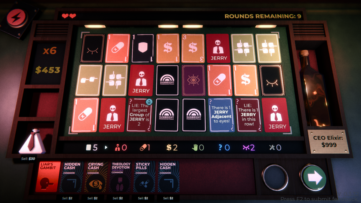 A grid of face-up cards with red JERRY cards, hint cards and a running cash multiplier