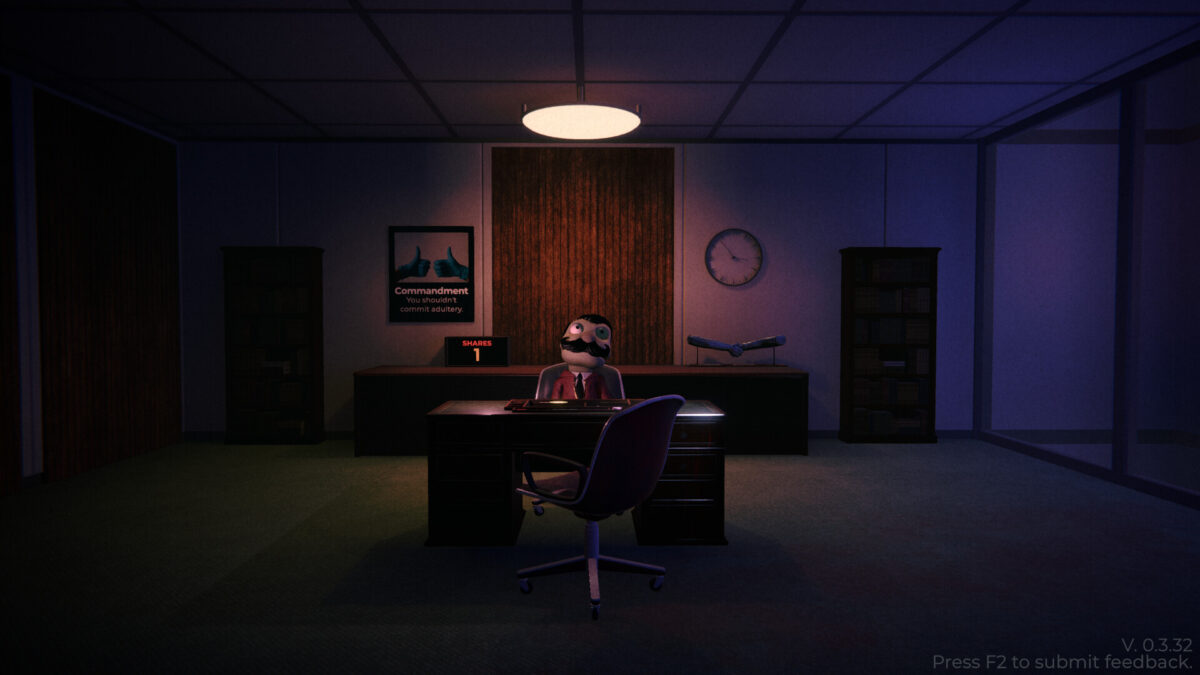 A dim corporate office with the puppet boss seated behind a desk under a single ceiling lamp