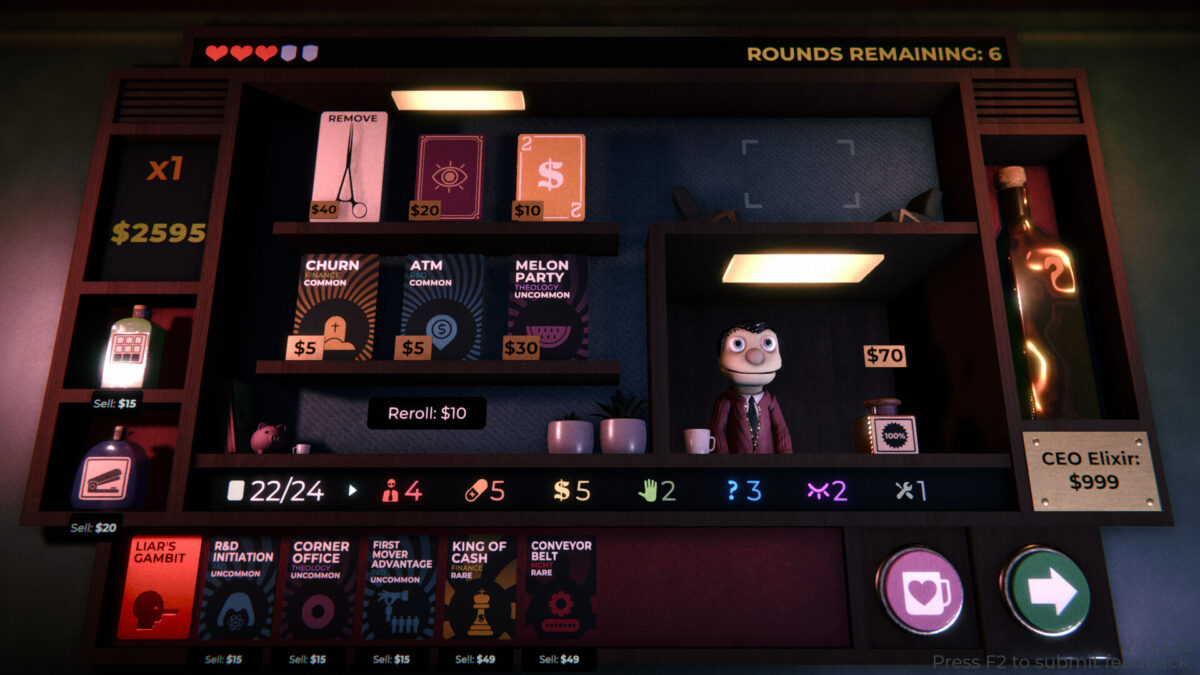 The in-game shop shelves, with perk cards for sale and a miniature Mr Magpie figure