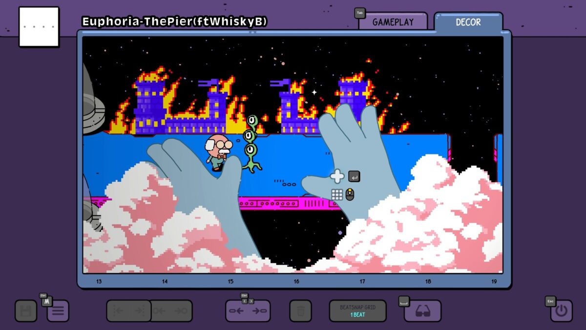 The MR. RECORDS Music Level Editor with a pixel-art castle level laid over a music timeline