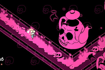 George runs along a neon pink zigzag track past a giant skull teapot in MR. RECORDS