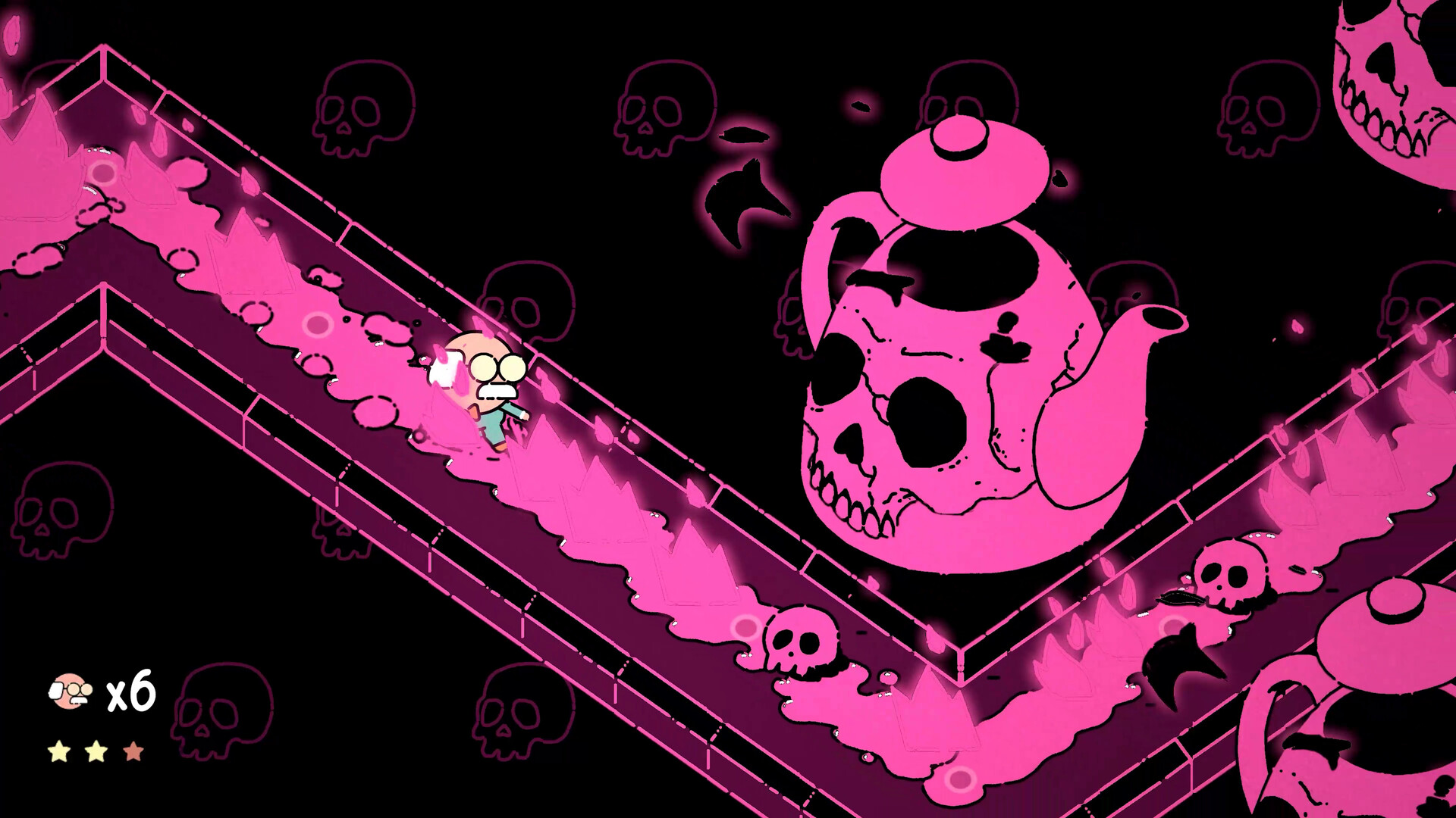 George runs along a neon pink zigzag track past a giant skull teapot in MR. RECORDS
