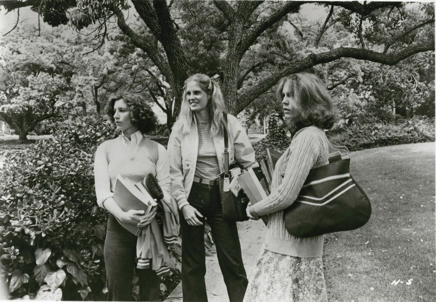 Nancy Kyes (left) with P. J. Soles and Jamie Lee Curtis in a publicity still for Halloween, 1978