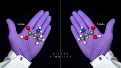Two gloved hands holding the mirror-image L and D forms of the amino acid alanine as ball-and-stick models