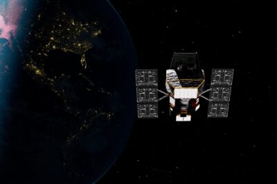 Artist's rendering of the Swift observatory, a boxy spacecraft with two solar panels, orbiting beside the night side of Earth