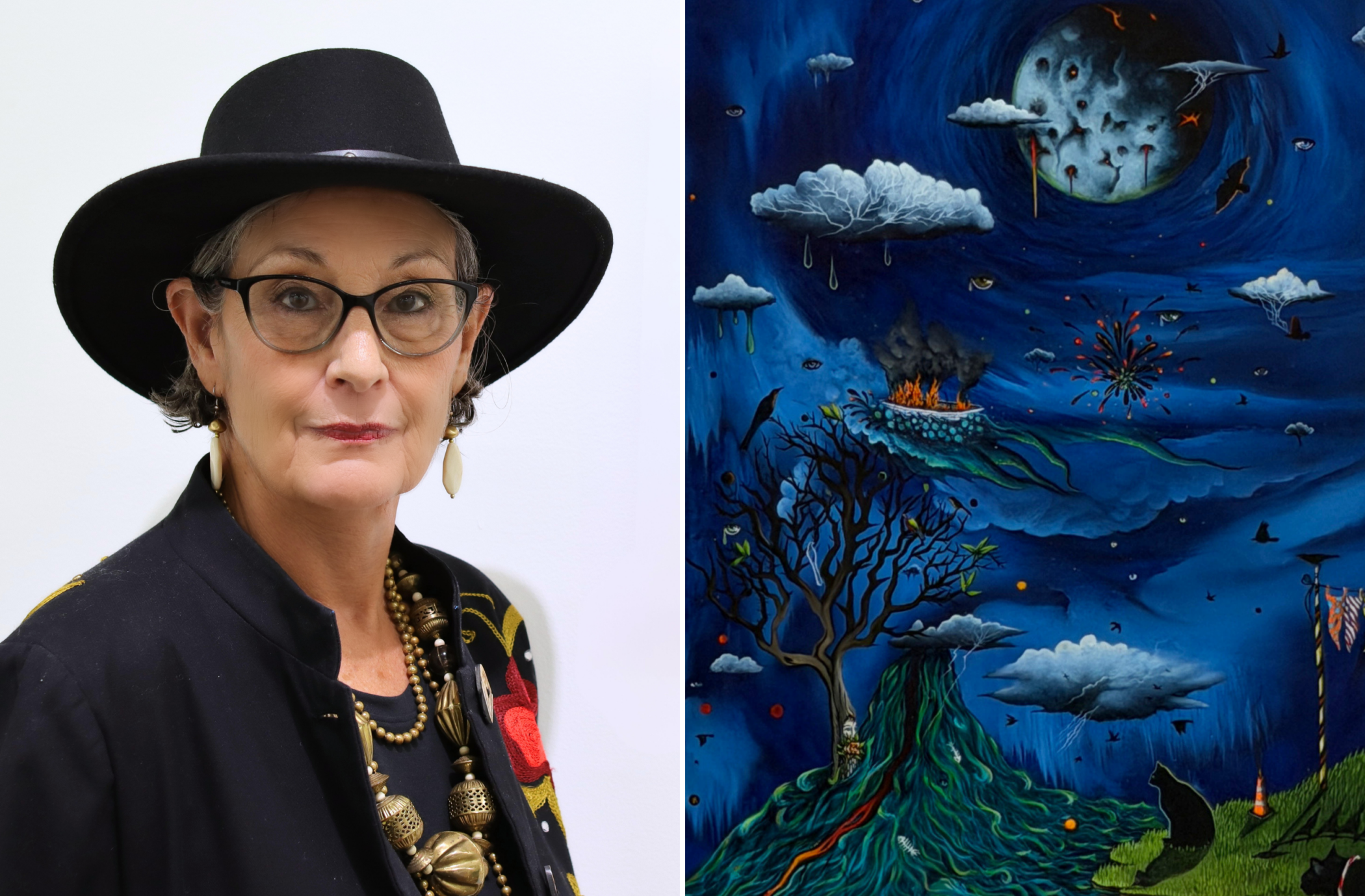 Carolyn Zacharias McAdams beside a detail of her oil on panel Watershed Moments, a night sky with clouds and a bare tree