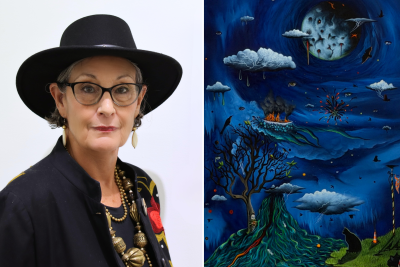 Carolyn Zacharias McAdams beside a detail of her oil on panel Watershed Moments, a night sky with clouds and a bare tree