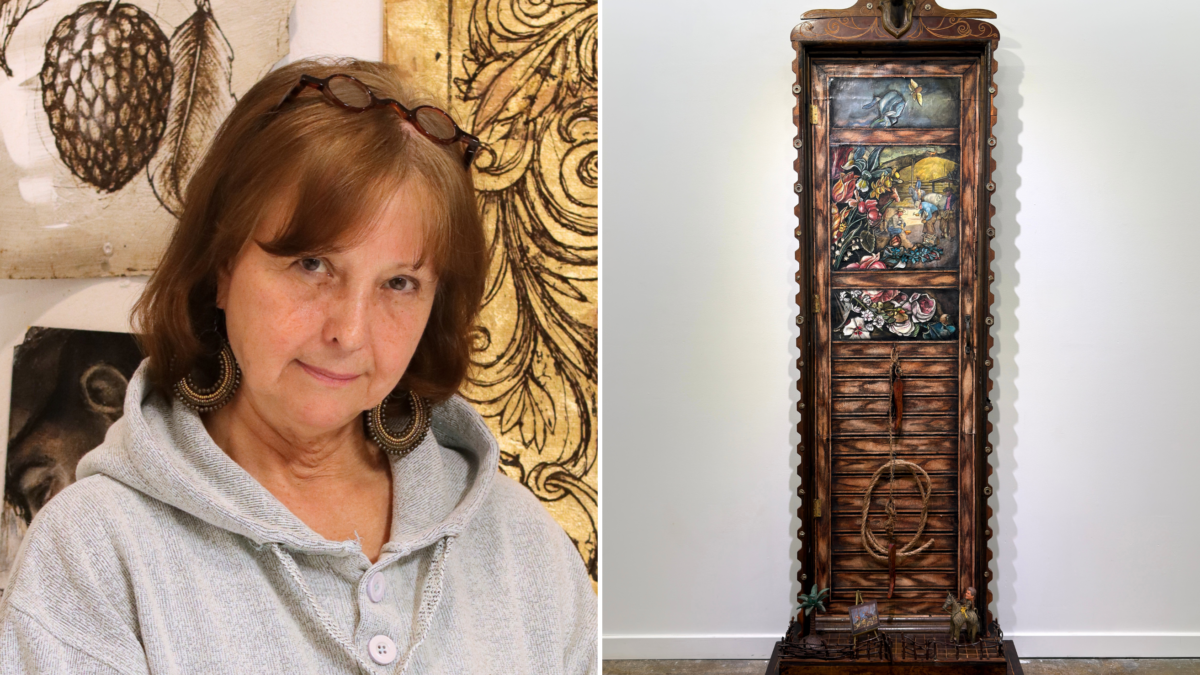 Denise Brown beside her carved wood and painted tarpaper sculpture The Horse and the Stag