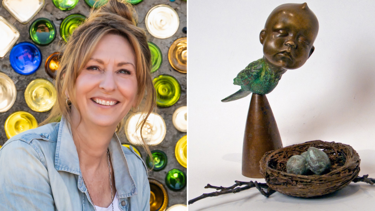 Heather Gorham beside her bronze Dreaming in a Birds World, a sleeping infant head on a bird body above a nest