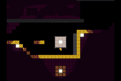 Nonolith screenshot: a selected block glows inside a crimson chamber traced by a gold path