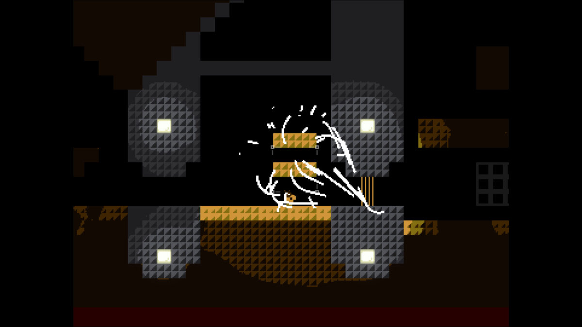 Nonolith screenshot: a striped block bursts apart between glowing stone machinery
