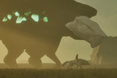 Nyra rides her wolf Rama past a giant crystal-backed Keeper in Nyra and the Garden of Moros