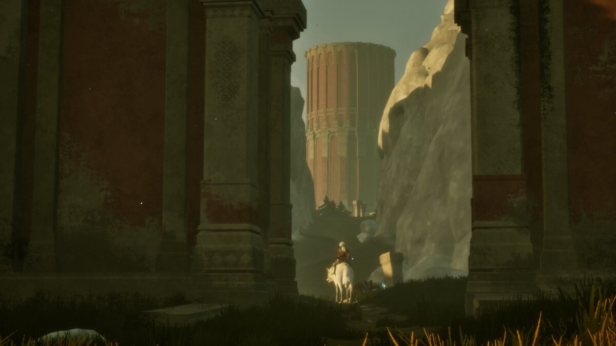 Nyra and Rama walk between the ruined columns of the Old Empire in Nyra and the Garden of Moros